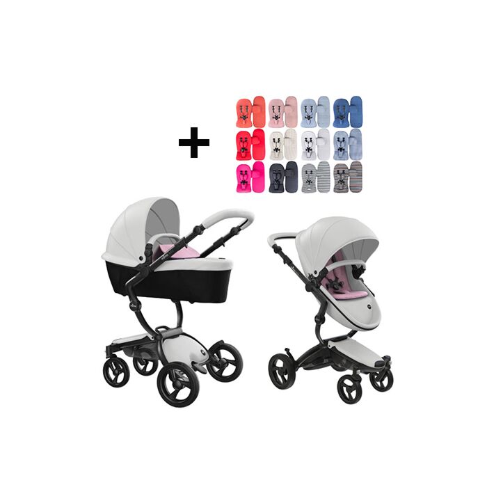 Mima Xari Kinderwagen | Frame - Black | Zitting + Kap - Snow White | Starter Pack - Pixel Pink - Babyhuys.com