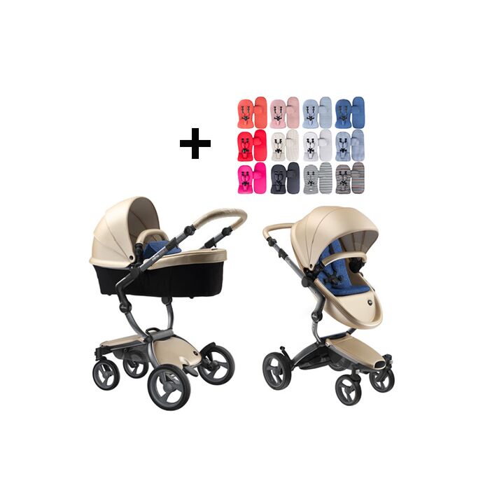 Mima Xari Kinderwagen | Frame - Graphite Grey | Zitting + Kap - Champagne | Starter Pack - Denim Blue - Babyhuys.com